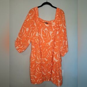 WHO WHAT WEAR Tangerine tropical palm leaf ruffle tiered babydoll dress, size L